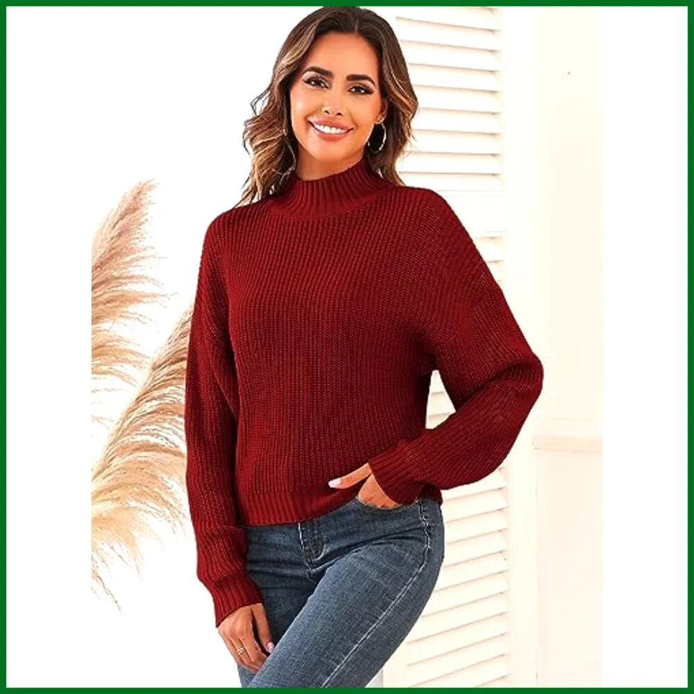 Cropped Turtleneck Sweater Lantern Sleeve Ribbed Knit Pullover - Picture 2 of 7